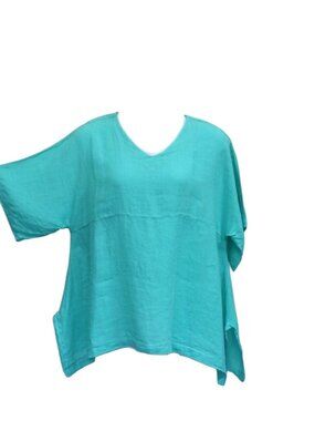 Match Point Turquoise Linen Kimono V-Neck Pullover Tunic Top Med Oversized USA